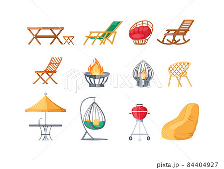 Garden outdoor furniture set. Swing bench seat, bag rocking chair, table with umbrella, hanging hammock, gazebo, fireplaces, barbecue grill, gazebo tent. Furniture for rest relaxation Garden outdoor furniture set. Swing bench seat, bag rocking chair, table with umbrella, hanging hammock, gazebo, fireplaces, barbecue grill, gazebo tent. Furniture for rest relaxation 84404927