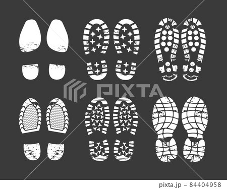 Human footprint. Footwear steps silhouette, shoes, boots, sneakers footstep print of men and women, textured steps. Dirty shoes print, shoes footprints on asphalt and ground, step silhouette Human footprint. Footwear steps silhouette, shoes, boots, sneakers footstep print of men and women, textured steps. Dirty shoes print, shoes footprints on asphalt and ground, step silhouette 84404958