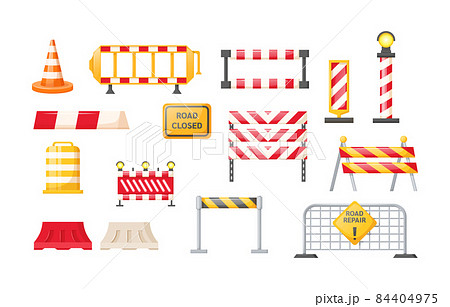 Traffic road repair barriers set. Safety barricade, roadblocks, warning alert signs. Construction fences, warning detour, repair hurdle, safety barricade warning for city street repair works Traffic road repair barriers set. Safety barricade, roadblocks, warning alert signs. Construction fences, warning detour, repair hurdle, safety barricade warning for city street repair works 84404975