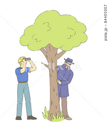 Detective and spy character looking through binoculars from bush, spying, spy in glasses peeks out from side of tree. Surprised secretive looking characters, spies spying on someone flat line Detective and spy character looking through binoculars from bush, spying, spy in glasses peeks out from side of tree. Surprised secretive looking characters, spies spying on someone flat line 84405007