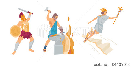 Pantheon of ancient Greek gods. Ancient Greece Gods Hephaestus, Zeus, Ares. Patrons of fire and crafts, war, sky, thunder and lightning 84405010
