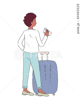 Dark-skinned girl with luggage and a suitcase on wheels stands with boarding pass and waits for her ticket control. Passenger waiting for flight. Airport departure area. Dark-skinned girl with luggage and a suitcase on wheels stands with boarding pass and waits for her ticket control. Passenger waiting for flight. Airport departure area. 84405026