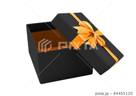 Opened black gift box with golden ribbon Opened black gift box with golden ribbon 84405120