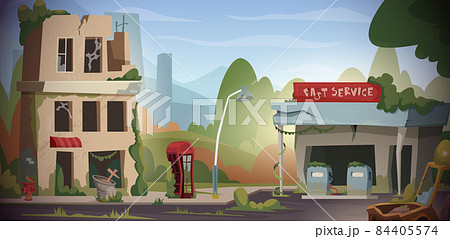 Apocalypse background. War damaged city destructive urban ruins after doomsday. Exact vector cartoon concept picture 84405574
