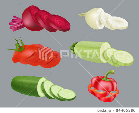 Sliced products. Vegetables collection pepper zucchini onion tomato and cucumber decent vector realistic illustrations set 84405586