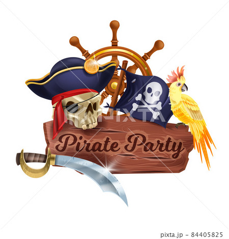Pirate party wooden sign board, jolly roger flag, ship wheel, vector vintage timber plank texture Pirate party wooden sign board, jolly roger flag, ship wheel, vector vintage timber plank texture 84405825