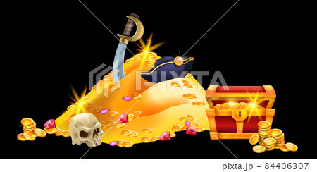 Pirate treasure illustration, vector corsair gold chest, money coin pile, skull gemstone captain hat Pirate treasure illustration, vector corsair gold chest, money coin pile, skull gemstone captain hat 84406307