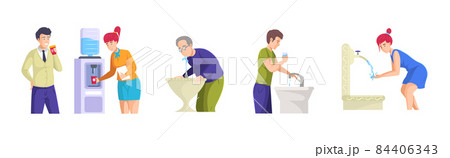Set people different ages drinking water. Elderly, man, woman quench thirst with refreshing pure beverage. Person drink aqua from office cooler, public fountain, home plumbing, sink 84406343