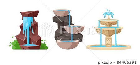 Set of water fountains natural stone, natural geyser waterfalls and water splash Set of water fountains natural stone, natural geyser waterfalls and water splash 84406391