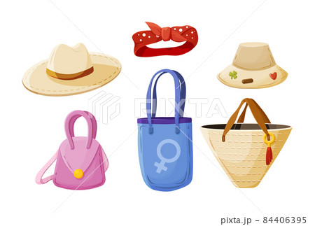 Collection of female head accessories and handbags. Fashionable girlish garment outfit street style 84406395