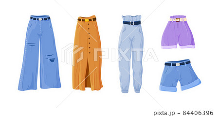 Collection of denim and fabric female trousers, pants, shorts and skirt. Casual clothes for women 84406396