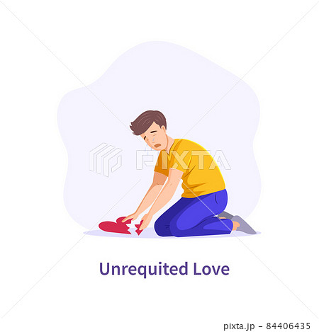 Unrequited love. Crying man picking up pieces of broken heart. Betrayal or treason flat vector Unrequited love. Crying man picking up pieces of broken heart. Betrayal or treason flat vector 84406435