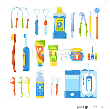 Tooth cleaning tools. Hygiene equipment for dentistry oral dental care, health, disease preventive. Electrical, manual tooth hygienic equipment. 84406466