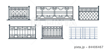 Set of balcony railing. Vintage modern home balconied facade or door entrance into private territory, terrace fences. Steel, iron wrought construction banister balustrade for fencing territory Set of balcony railing. Vintage modern home balconied facade or door entrance into private territory, terrace fences. Steel, iron wrought construction banister balustrade for fencing territory 84406467