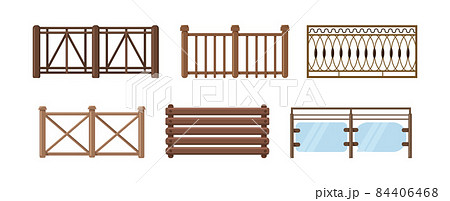 Set of wood balcony railing. Vintage modern home balconied facade or door entrance into private territory, terrace fences. Wooden or glass and stone construction for fencing territory 84406468