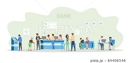 People managers , clients at bank office room. Employees working with customers at financial consulting center, queue of customers to bank employees room reception. 84406546