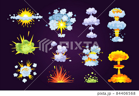 Colorful bomb explosion. Set of blast atom explosive effect. Burn abstract exploded hydrogen with dust, energy or fire. Atomic destruction danger catastrophe. 84406568