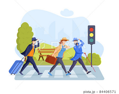 Modern travel people case suitcase hustle crossing avenue road crosswalk traffic light Modern travel people case suitcase hustle crossing avenue road crosswalk traffic light 84406571