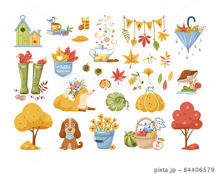 Collection of autumn icon. Set of traditional fall attributes. Dry garden trees, seasonal harvest 84406579