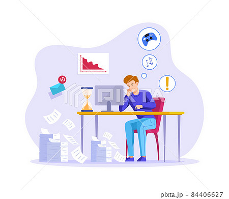Relaxed man sitting wasting time for games and entertainment instead of working under tasks. Procrastination male office employee worker at workplace with burning date. Deadline failure 84406627