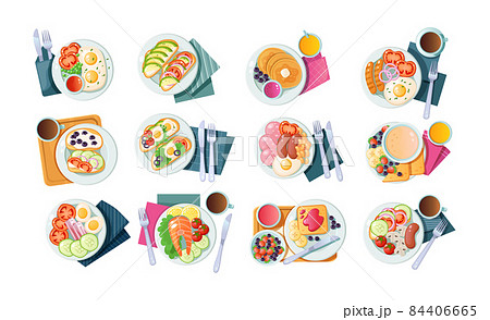 Collection of morning healthy food top view. Set classic breakfast dish tasty fresh brunch 84406665