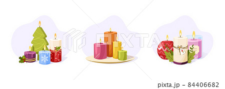 Set of burning wax candles with fire flame on light background. Christmas, scented wax candles for home, romance, aromatherapy or birthday. Cozy decor for spa, fragrance, holiday or romantic 84406682