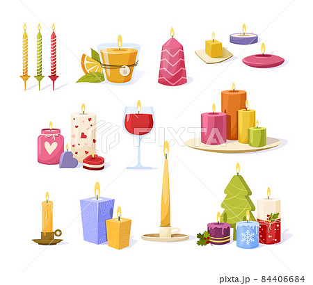 Collection of wax candles fire flame. Cosiness decor for spa, fragrance, holiday or romantic vector Collection of wax candles fire flame. Cosiness decor for spa, fragrance, holiday or romantic vector 84406684