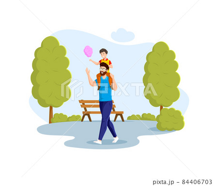 Happy father and son have fun in park, wears it around neck spending time together. Smiling family dad boy enjoying summer outdoor activity 84406703