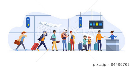 Running tourists delay to flying departure at airport interior people with luggage in queue 84406705