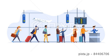 Running tourists delay to flying departure at airport interior people with luggage in queue 84406706