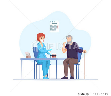 Female doctor taking blood test from an elderly man patient, and collects blood in test tube. Regular medical check up and old patient in hospital 84406719
