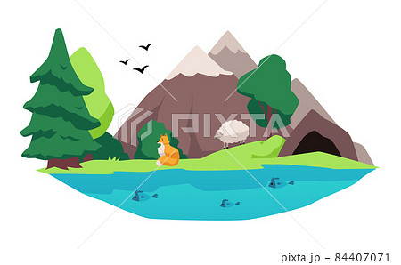 Fox and sheep forest animals in native habitat, vector illustration isolated. 84407071