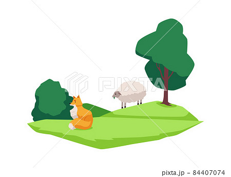 Fox and sheep animals in natural habitat, flat vector illustration isolated. 84407074