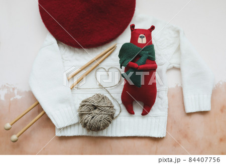 Christmas composition. Toy bear and decorations. Christmas, winter, new year concept. Flat lay, top view, copy space Christmas composition. Toy bear and decorations. Christmas, winter, new year concept. Flat lay, top view, copy space 84407756