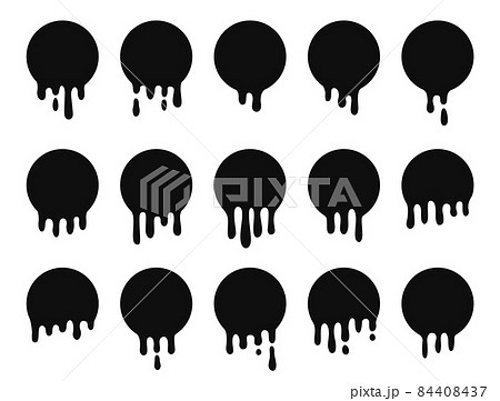 Isolated dripping paint. Drop melting blobs, circle fluid banners. Sauce flows, ink dropping stickers. Sale stickers, black silhouettes decent vector kit 84408437