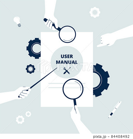 User guide document. Manual, flat training book. Hands indicate on workbook, use reference for work process. Education recent vector concept 84408492