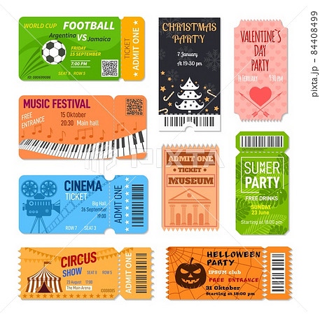 Entertainment tickets. Card for entrance, ticket on concept, cinema or music festival. Event soccer flyer, summer party coupon, exact vector template 84408499