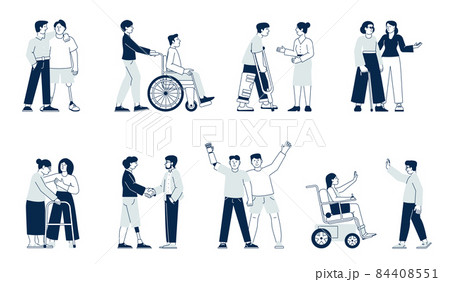 Friends. people, diverse relationships. Boy and girl, student in wheelchair. Active handicap person recent vector characters 84408551