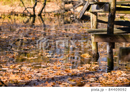 Autumn river with old wooden fishing platform Autumn river with old wooden fishing platform 84409092