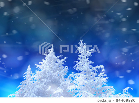 白い粉雪が舞う樹氷のモミの木、雄大な自然の景色 84409830