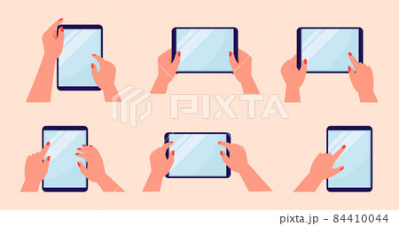 Tablet, smartphone in hands and touch empty screen. Mockup of multi touchscreens of mobile devices vector set. 84410044