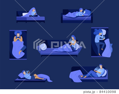 Night phone in bed. People using mobile before sleep, woman with smartphone nightly bedroom, man cellphone addiction children watching device 84410098