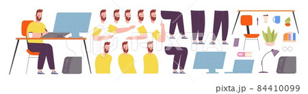Designer character animation. Design cartoon man, set expressions emotions face and poses male arm, work at pc in office, funny programmer or businessman 84410099