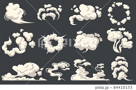 Cartoon dust clouds. Comic cloud shape, spray air smoke, fog road, explosion bomb, car gas, puff magic effect, steam wind silhouette, spooky fume smog 84410155