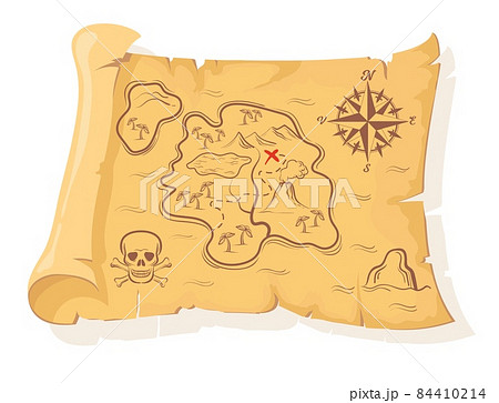 Pirate treasure map. Pirates old roll map, papyrus paper scroll indicating treasures, adventure island expedition, neat vector illustration 84410214