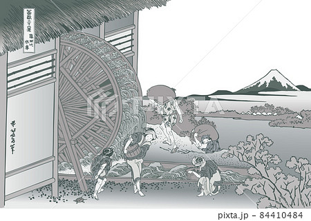 葛飾北斎イメージ隠田の水車題名入り銀白バック 葛飾北斎イメージ隠田の水車題名入り銀白バック 84410484