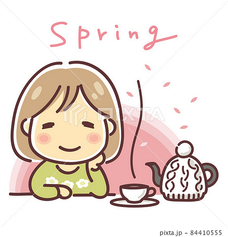 紅茶を楽しむ女性のイラスト（春） 84410555