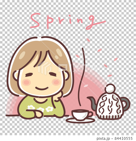 一個女人享受茶（春天）的插圖 84410555