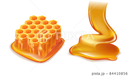 Sweet honey comb and flowing honey on white background, realistic vector illustration 84410856