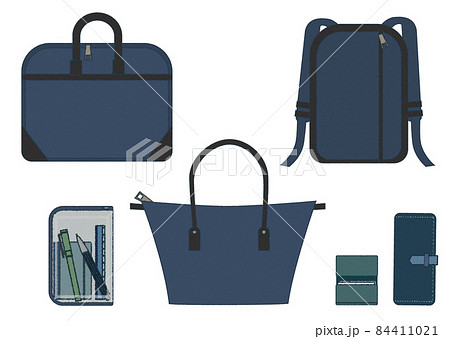 種類の寒色系バッグと、文房具やカードケース、財布などのバッグの中身のセット 84411021